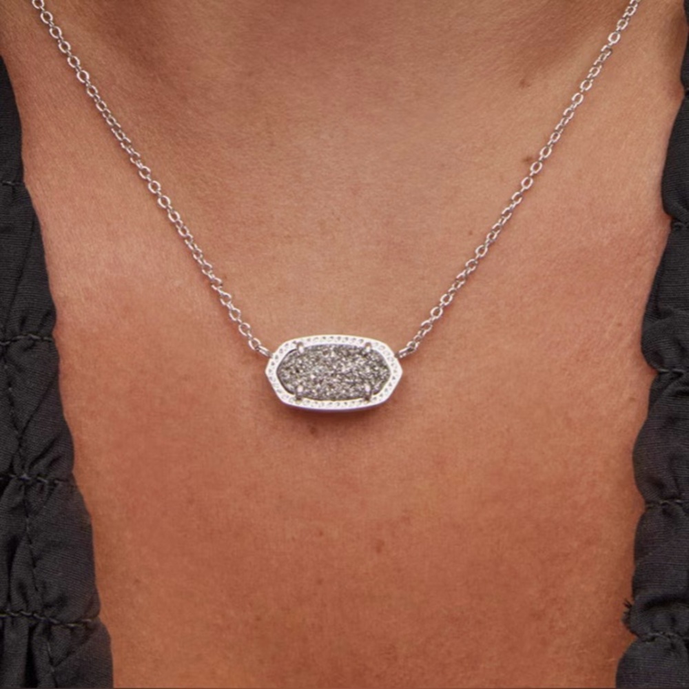 Kendra Scott Elisa Silver Druzy Oval Pendant Necklace Adjustable